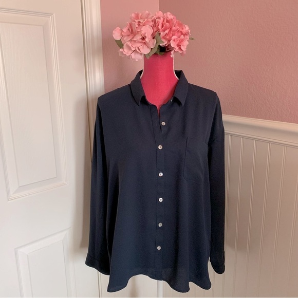 J. Jill XLP Navy Blue Button Down Blouse, EUC - Picture 1 of 7